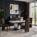 D12 DINING TABLE AND 8 D12 BROWN DINING CHAIRS