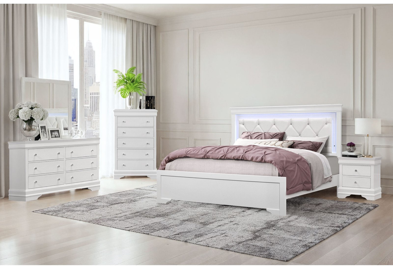 Pompei-White-1.jpg POMPEI METALLIC WHITE QUEEN BED GROUP WITH LED - Image 1